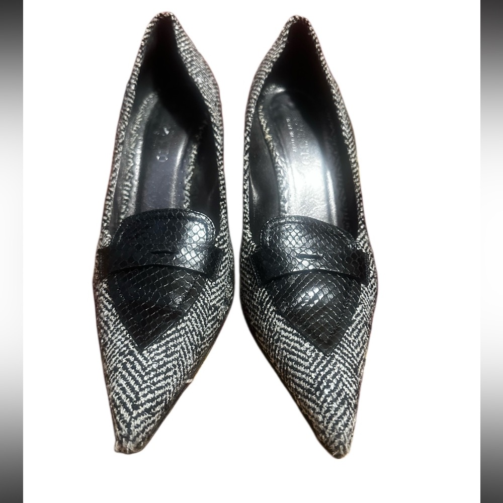 Bellofatto black/white‎ Tweed and snake skin pointed pumps size 9.5 Italian